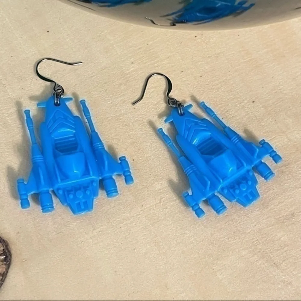 $10 SALE Handmade Blue Fighter Jet Plane Earrings 2.25” Y2K 90s Nostalgia Fun